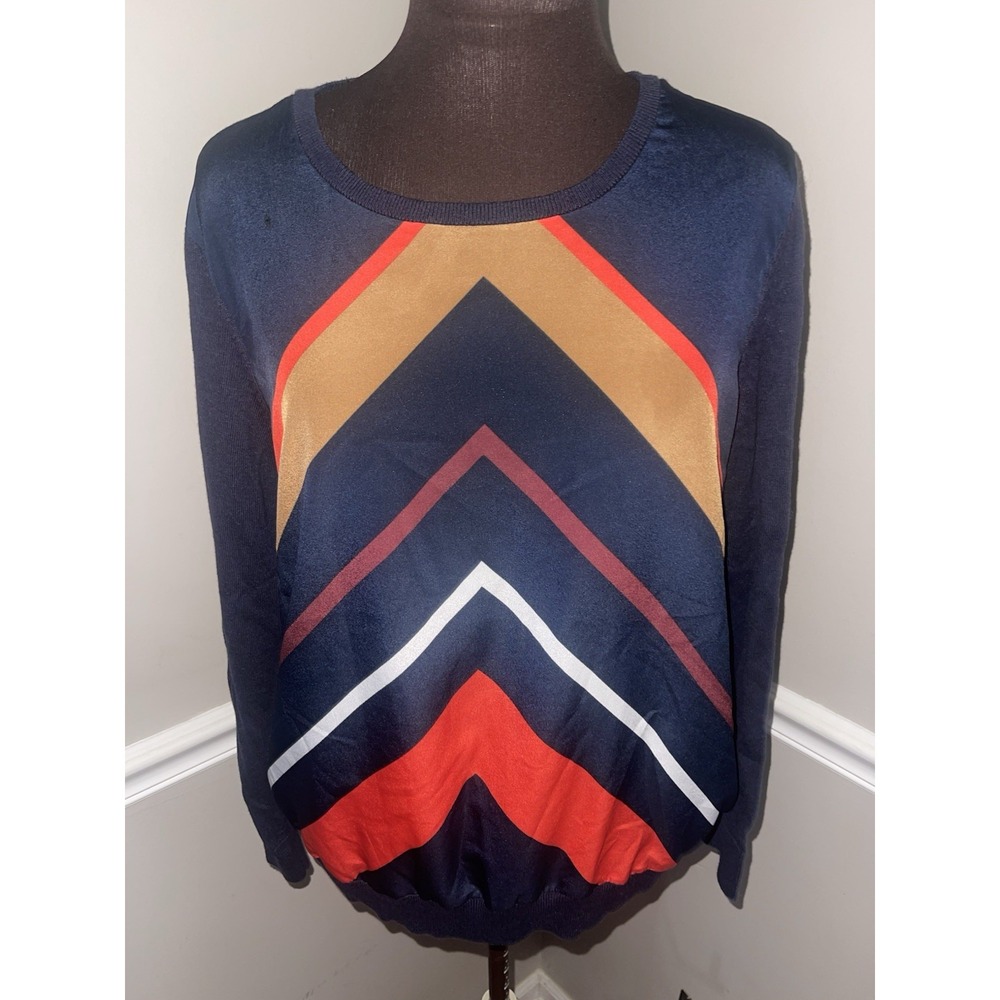 Tommy Hilfiger Mixed Media Chevron Top Sweater Knit Sleeves Navy Red Preppy XL